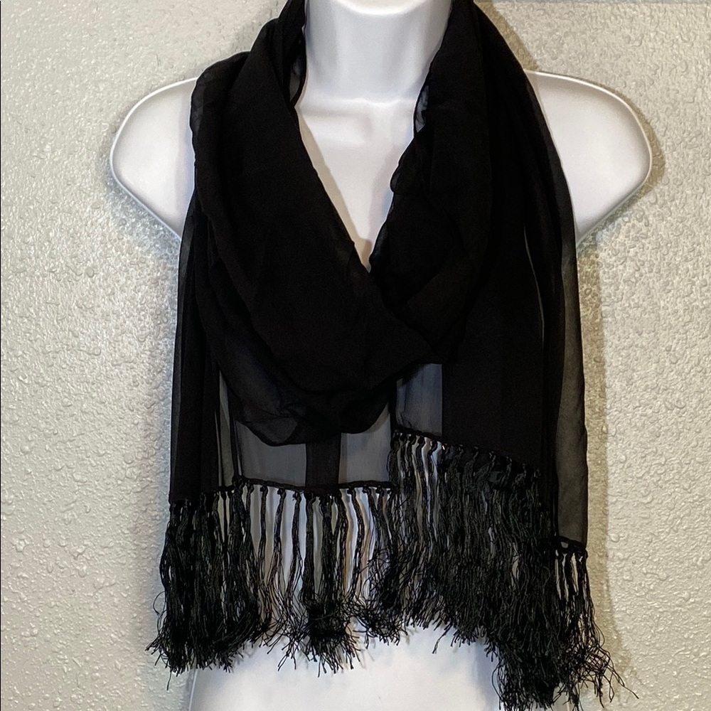 Elegant Black Sheer Wrap with Fringe Tassels & Beads